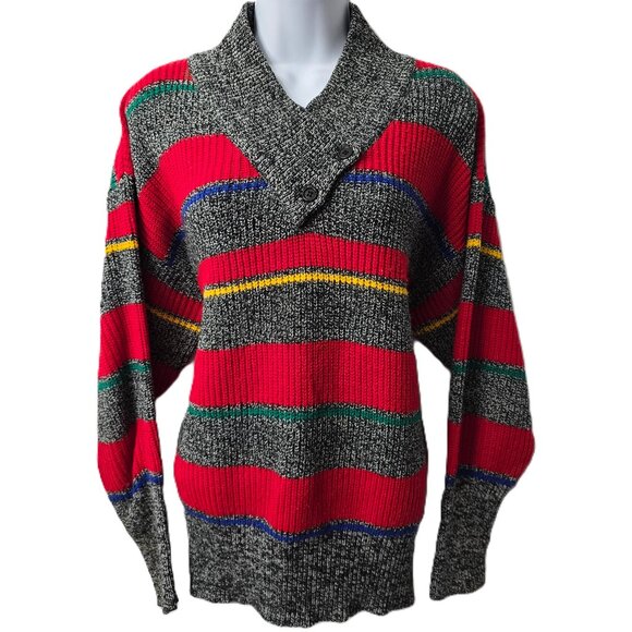 Gitano Wrap Neck Ski Sweater M Women Pullover Preppy Boxy Red Stripe Vintage 80s - Picture 1 of 6
